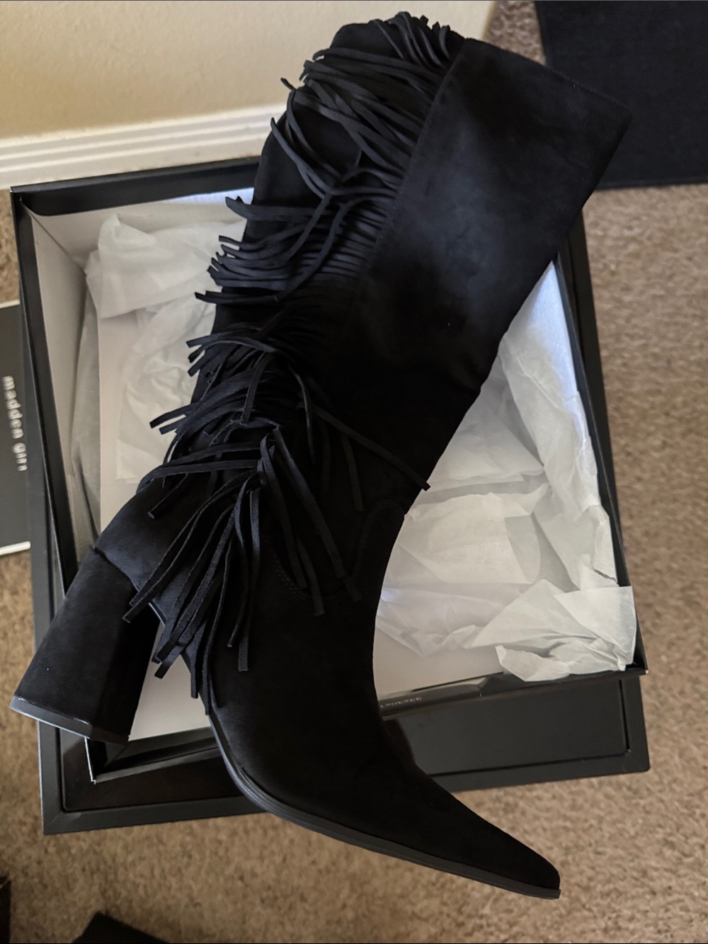 Brand new Madden Girl Black Suede Fringe Knee-High Block Heel Boot